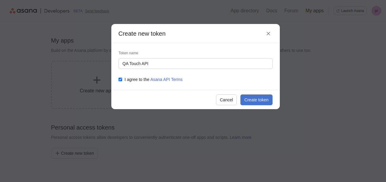 Asana QA Touch Pop Up API