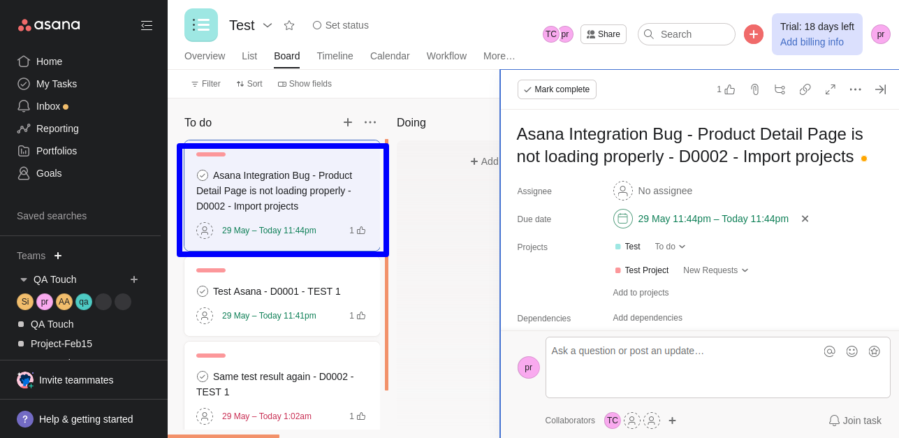 Asana QA Touch bug posted